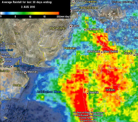 Regenmengen im Juli 2010 in Pakistan