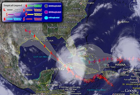 Zugbahnen von Hurrikan Gustav und Tropensturm HANNA